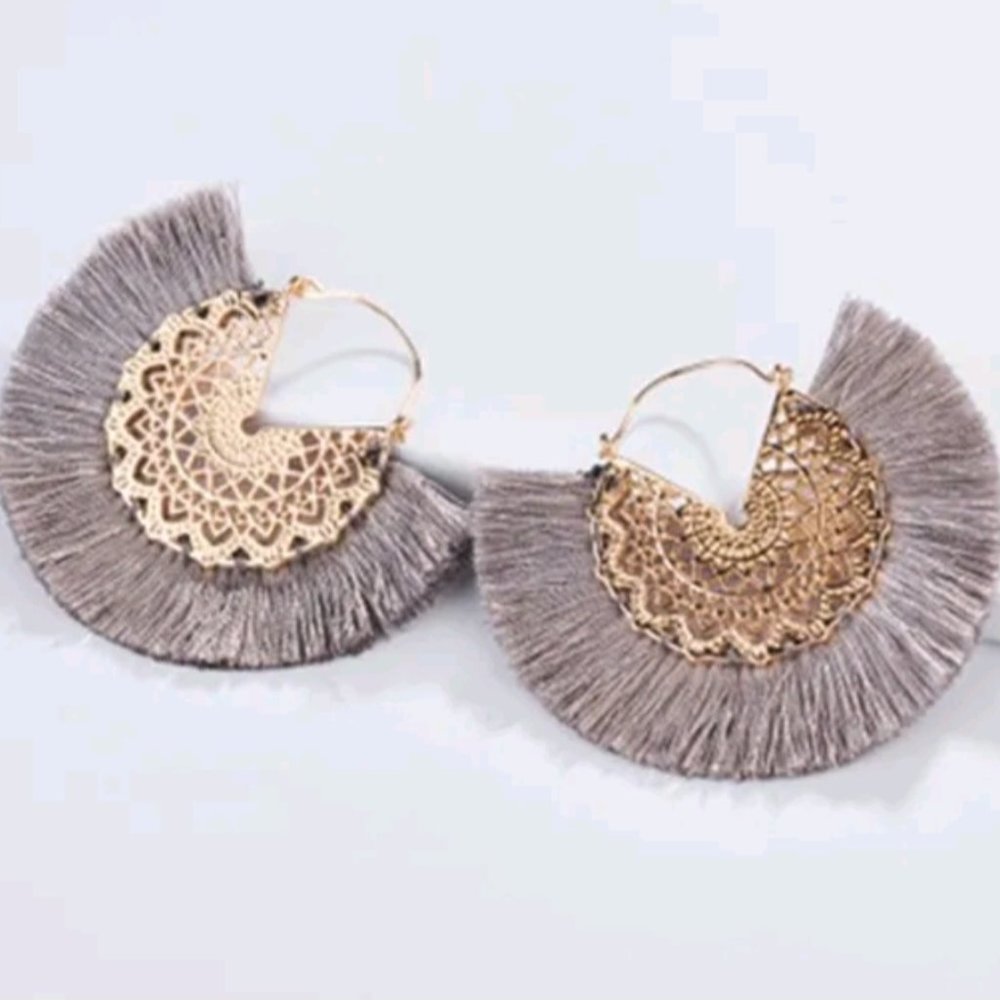 Anthropologie Neutral Silk Fringe Filigree Earrings